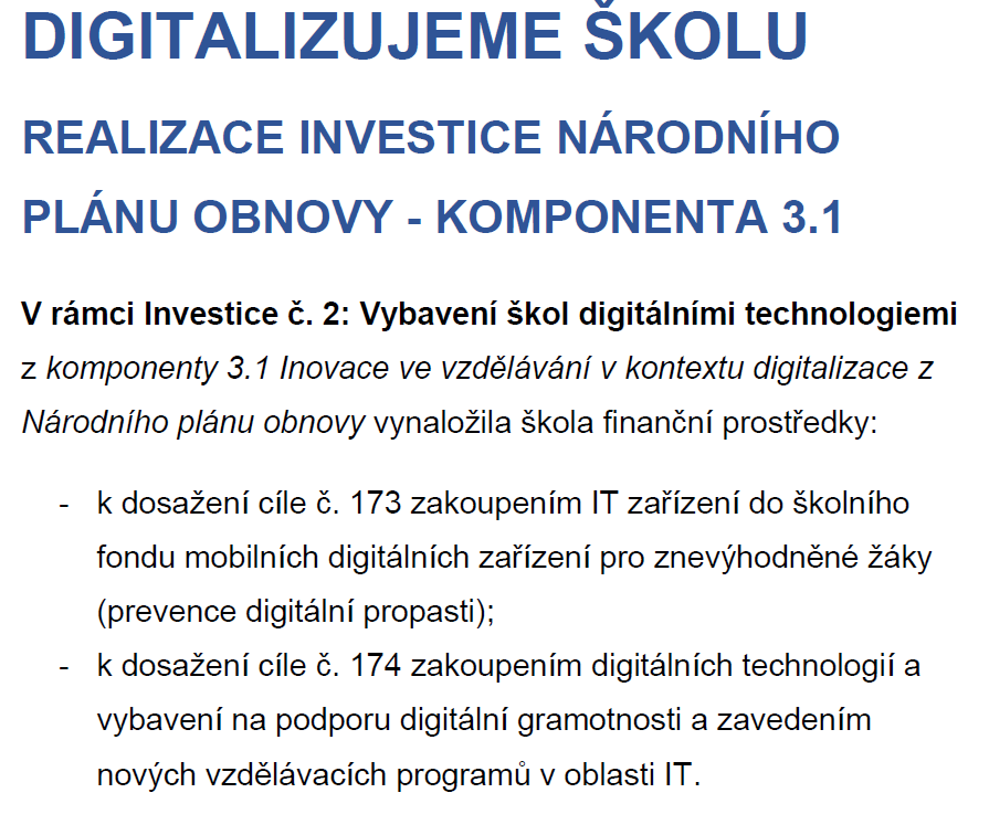 O financování Digitalizujeme školu